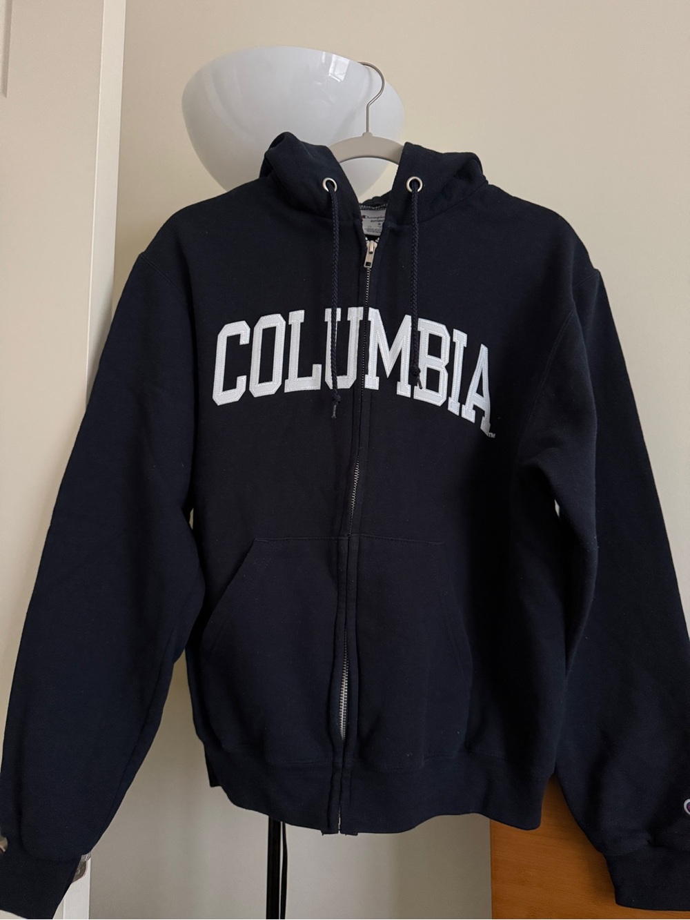 Champion Women's Navy Zip Hoodie with White Lettering